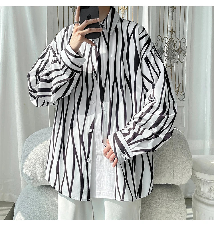 Men's Long Sleeve Striped Shirts Spring New Korean Button Up Shirt Unisex Fashion Casual Oversize Blouse Printed Clothing