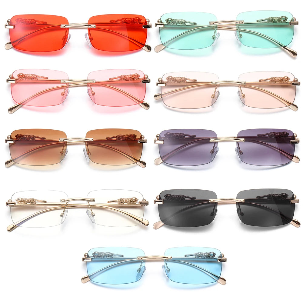 Rimless Square Sunglasses Women Men Luxury Brand Designer Popular Travel Driving Metal Leopard Head Sun Glasses Shade Eyewear
