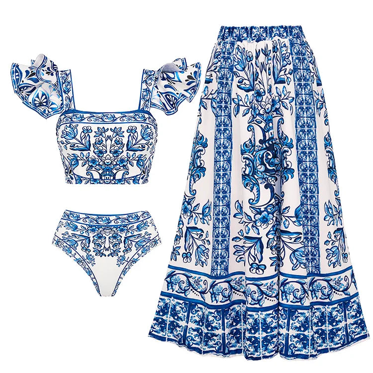 Flaxmaker Summer New Women Sexy Hawaiian Lace Up V Neck Ruffle Swimsuit and Sarong Women Swimwear Set Push Up Bathing Suit