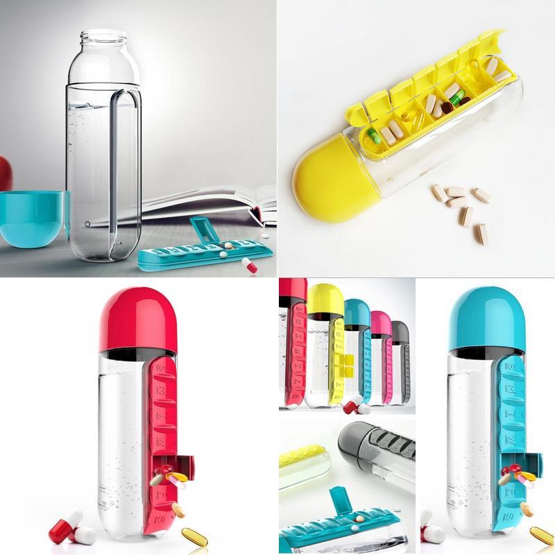 2 in 1 600ml 7 Grids Medicine Box Water Cup Sports Plastic Water Bottle Combine Daily Pill Boxes Organizer Drinking Bottles