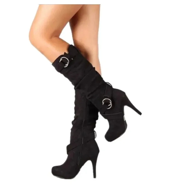 2025 New Sexy Knee High Women Boots Thin High Heel Round Toe Platform Fashion Ladies Pu Leather Boots Size 34-43 Lady Shoes