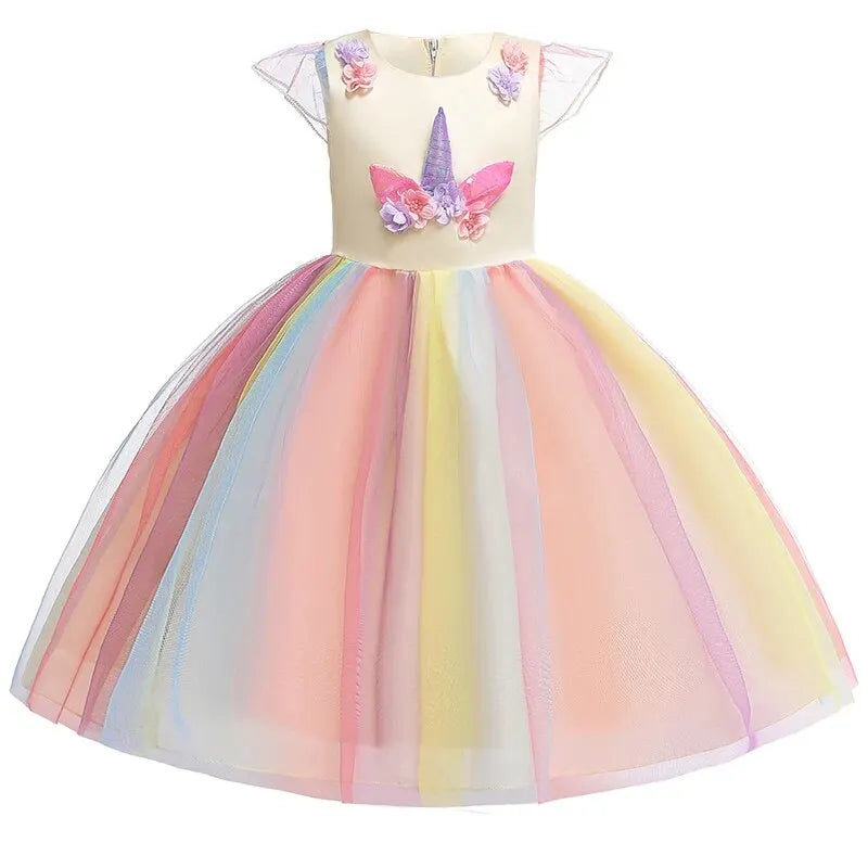 Girl Unicorn Halloween Fancy Princess Dress Teen Girls Rainbow Colorful Cosplay Costume Kids Birthday Party Dresses Tulle Wear