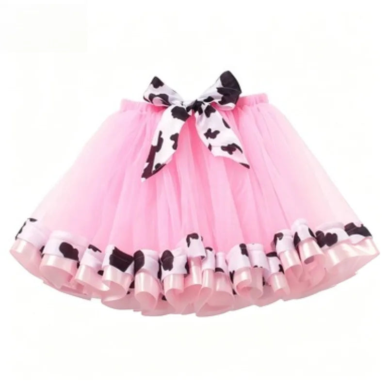 Girls' Short Skirt Midi Skirt Double-Layer Mesh Tutu Skirt,Cow Four-Piece Set Animal-Themed Dress, Halloween Performance Costume
