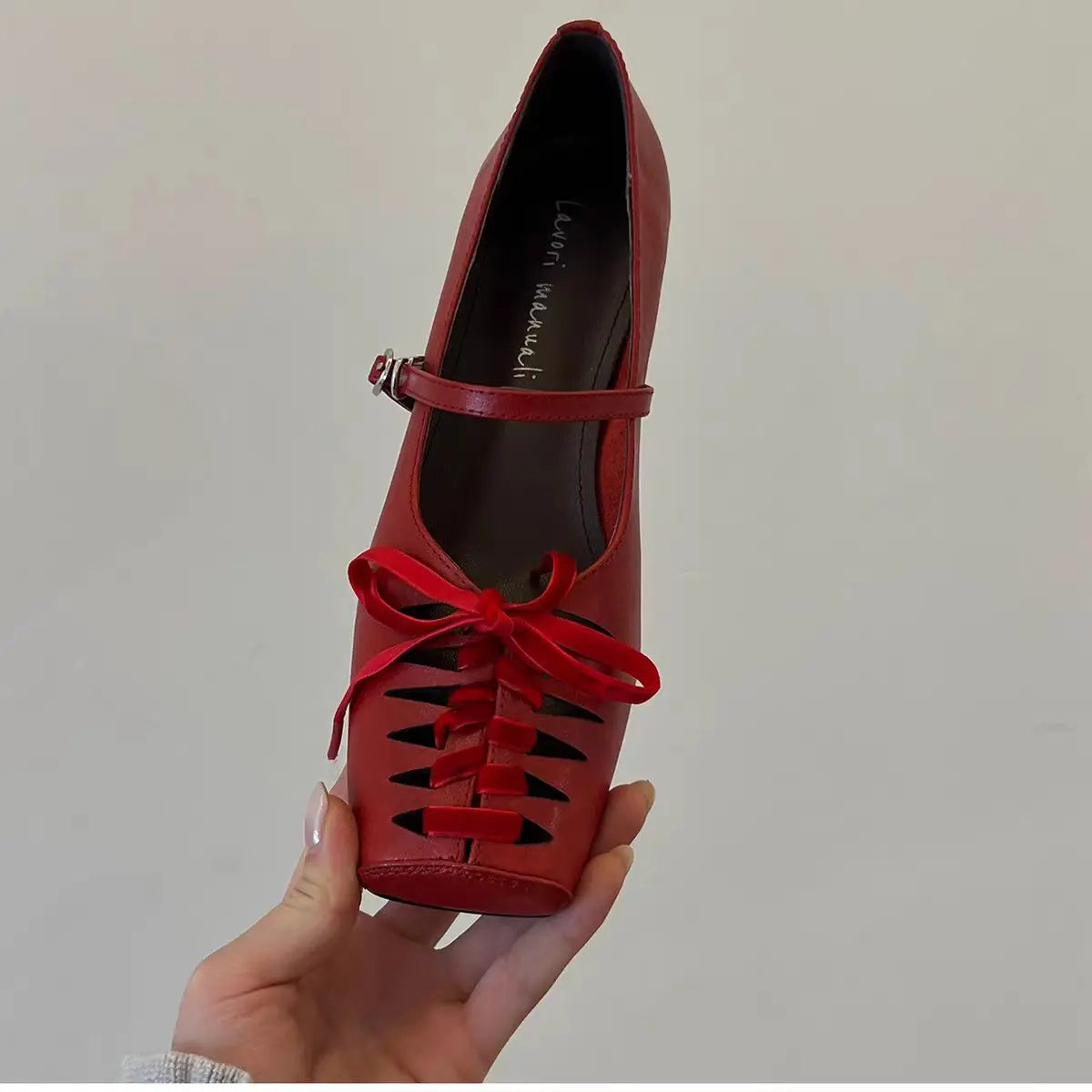 French-style Square-toe Hollow Lace-up Height-increasing Mary Jane Shoes for Women with Single-strap Fashion Shallow-cut Flats