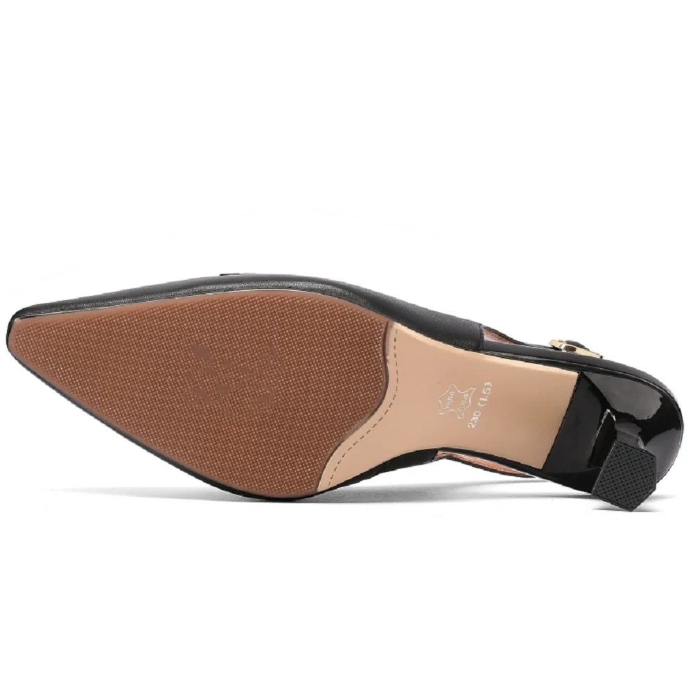 【JOCHEBED HU】Summer Brand Genuine Leather Mid Heels Women Sandals Fashion Slingback Pumps Office Lady Shoes 33-43