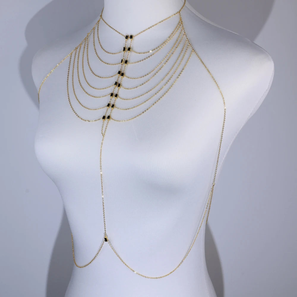 Multi-layer Body Chain Necklace Dress Women Sexy Harness with Colorful CZ Paved Hollow Bling Tassel Chain Fashion Party Jewelry