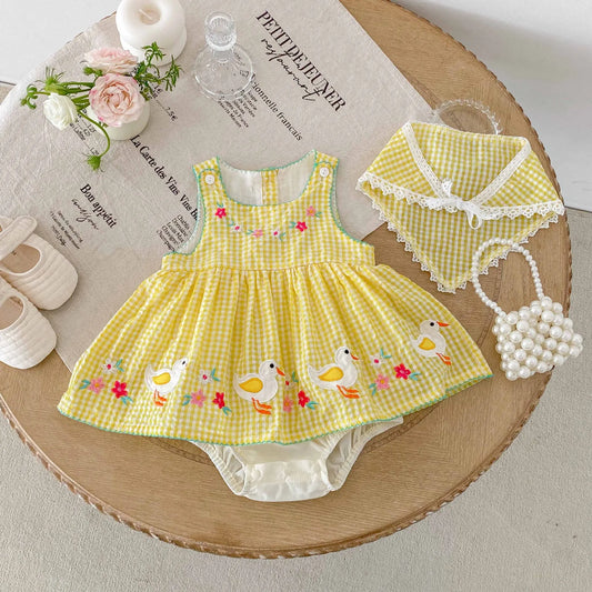 Baby Girl Summer Stylish Sweet Thin Class A Cotton Romper Dress - Cute Cartoon Duck Pattern Yellow Checkered Sleeveless Onesie
