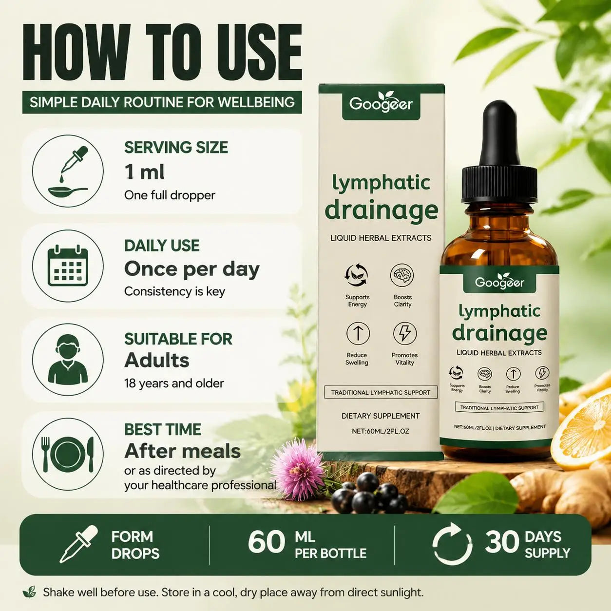 Googeer Lymphatic Drainage Drops for Bloat Relief & De-Puff, Lymph Node Detox Cleanse, Fluid Retention, Alcohol-Free 60 Servings