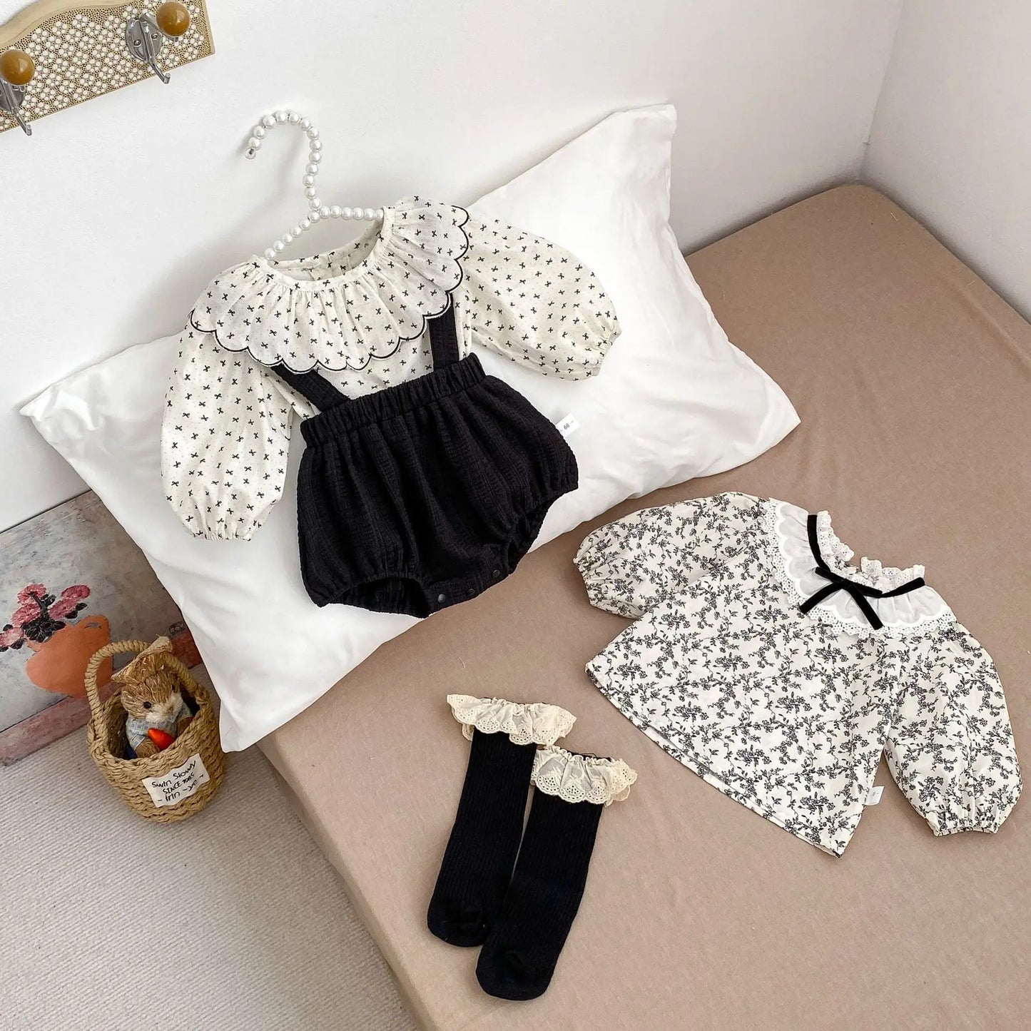 5364 Baby Clothes 2025 Spring Fahion Baby Girl's Bib Suit Lapel Long-sleeved Shirt Or Bag Fart Pants Climbing Clothes