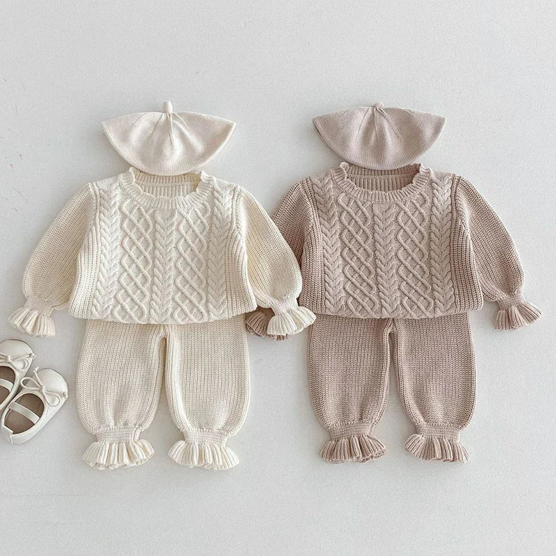 2024 New Autumn Toddler Baby Girl Knitting Clothes Suit Long Sleeved Solid Color Knitted Sweater+Pants Children Clothes Set