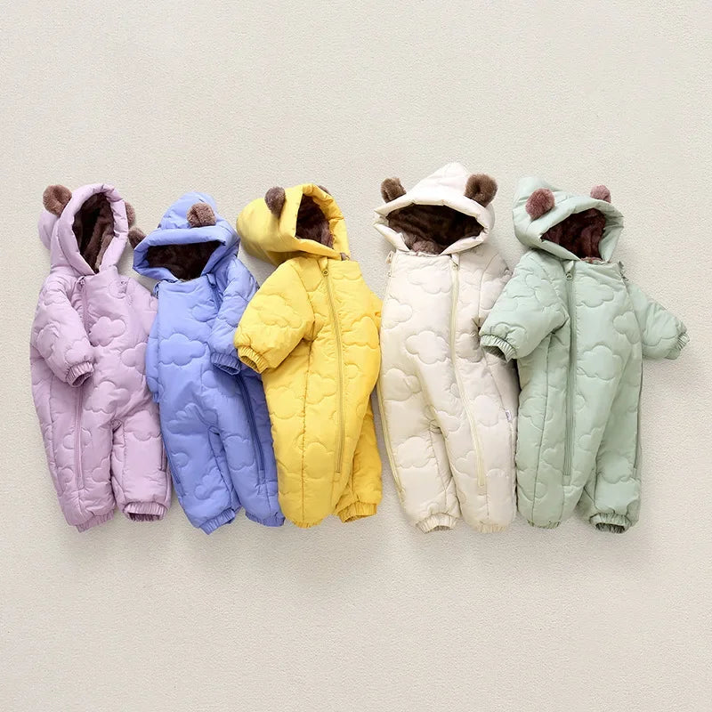 Toddler Baby Girl Boy Jumpsuit Thickened Fleece Lined Double-Layer Hooded Romper 0-2Y Cute Bear Ears Winter Warm Kids Snowsuit