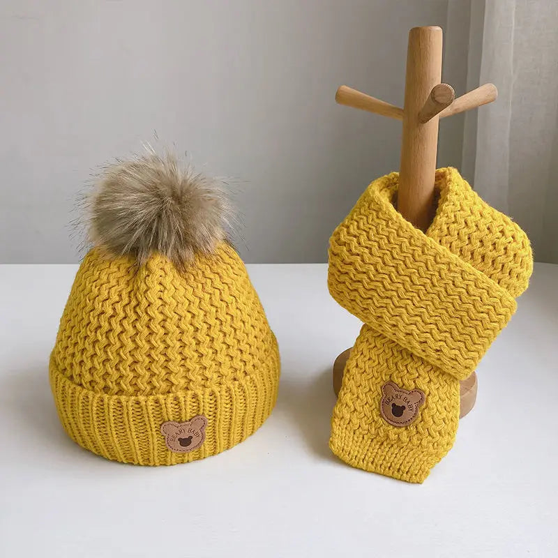 Children's Hat Scarf Set Winter Warm Autumn Winter Plush Boys and Girls' Little Bear Thick Ear Protection Baby Hairline Hat