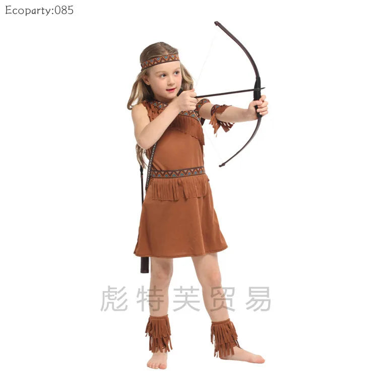 Halloween Kids Indian Cosplay Performance Costumes Primitive Activity Costumes Dress +Headdress+Waistband+Armband+Shoe covers