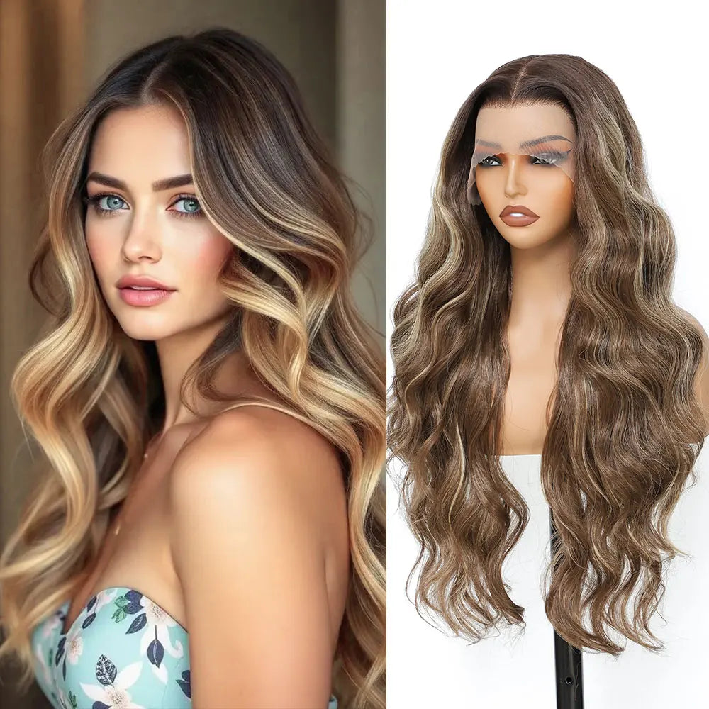 30 Inches 13x4 Body Wave Lace Front Wig Synthetic Loose Deep Wave Highlight 300 Grams Baby Hair Lace Frontal Wig For Women