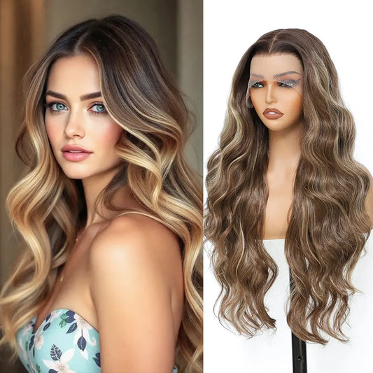 30 Inches 13x4 Body Wave Lace Front Wig Synthetic Loose Deep Wave Highlight 300 Grams Baby Hair Lace Frontal Wig For Women