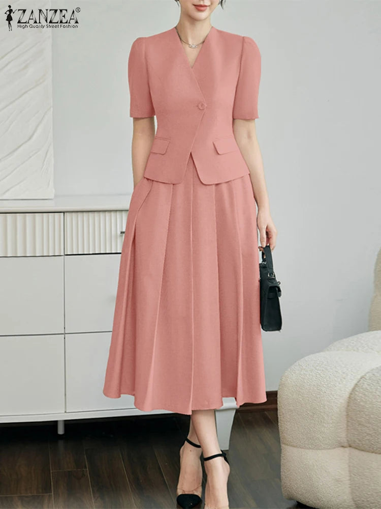 ZANZEA Vintage Outfits Women Fashion Office Dress Sets Solid Shirts A-Line Pleated Maxi Skirts Casual Suits 2025 Matching Sets