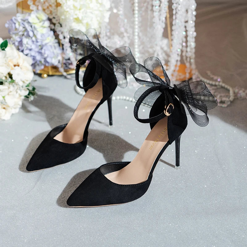Fashion Silk Bowknot Satin Women Pumps Summer Pointed Toe High Heels Party Wedding Stripper Heels Lady Shoes Big size 45