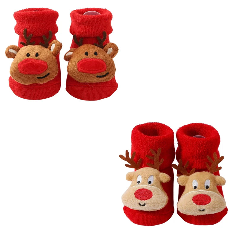 2 Pairs Kids Cotton Socks for Girls Boys Non-slip Toddler Baby Christmas Socks for Newborn Winter Warm New Year Infant Socks