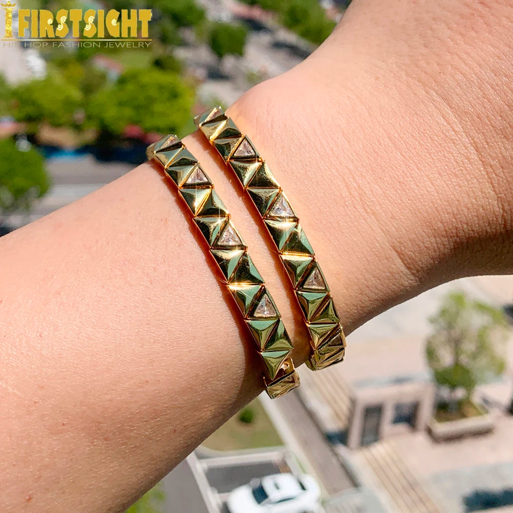New Iced Out Bling CZ Geometric Stretchy Stretch Double Tennis Chain Bracelet Adjusted Size Bangle For Women Fashion Jewelry