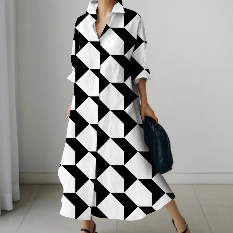 Women's Shirt Dress 2023 Trendy Patchwork Vintage Spot Print Shirt Fall Out Office Dress Loose Casual Lapel Pocket S-5Xl