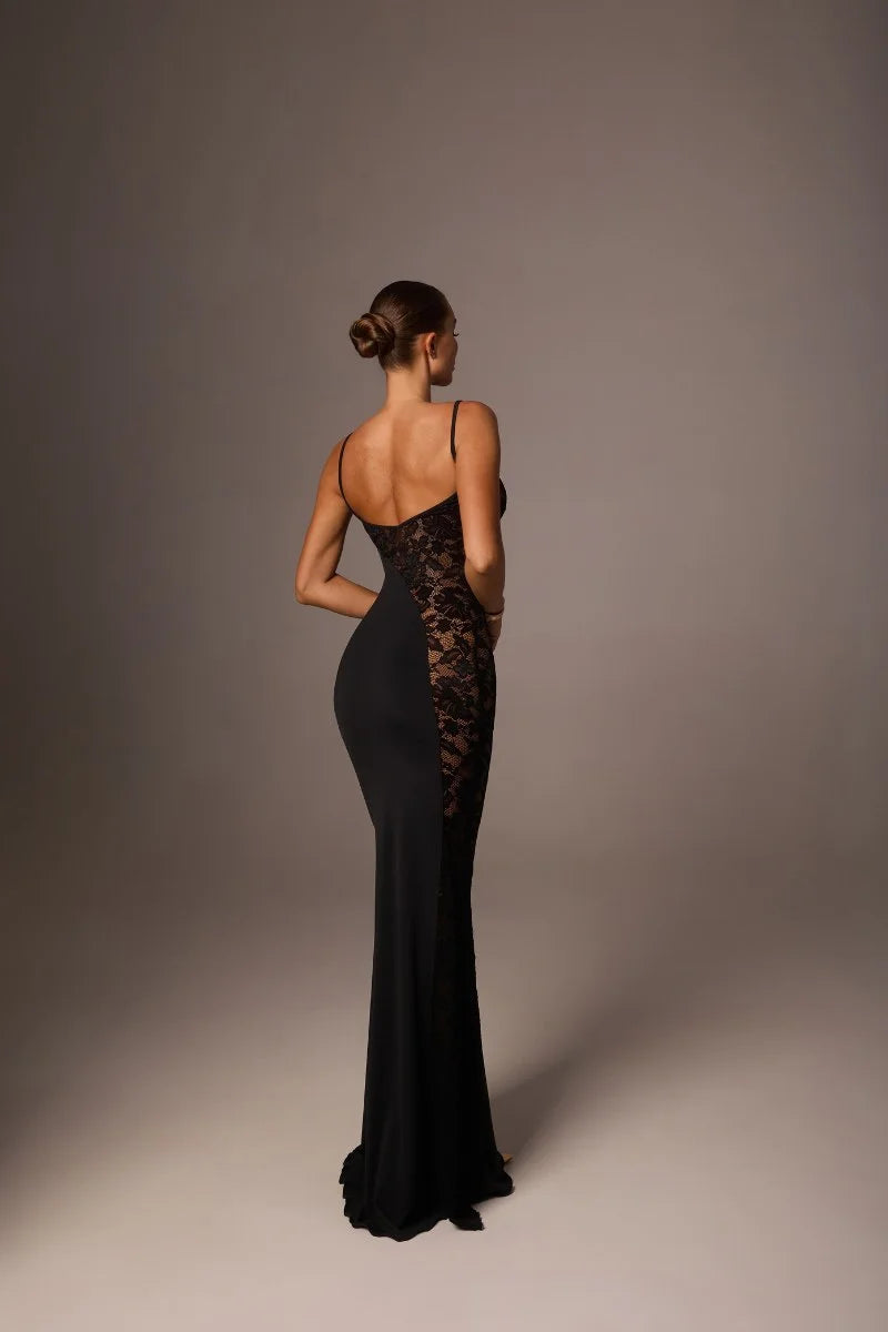 Mozision Spaghetti Strap Lace See Through Sexy Maxi Dress Women Elegant Black Sleeveless Backless Bodycon Club Party Long Dress