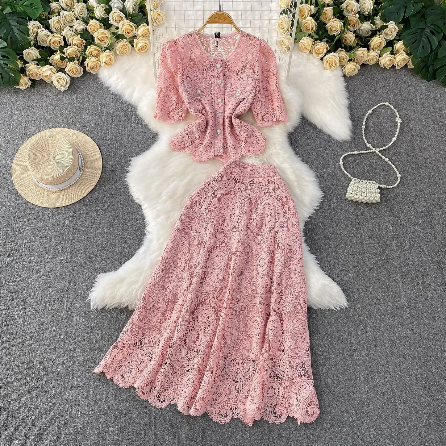 Women Two Piece Sets Skirt Set Embroidery Lace Hollow Out Half Sleeve Shirt Long Skirts A Line High Waist Elegant Work Spring