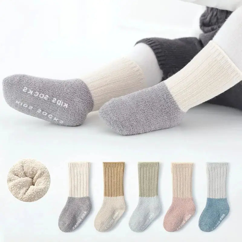 5 Pairs Winter Unisex Kids Baby Socks Infant Patchwork Non-slip Tube Socks Cotton Thick Warm Fleece Newborn Baby Stockings