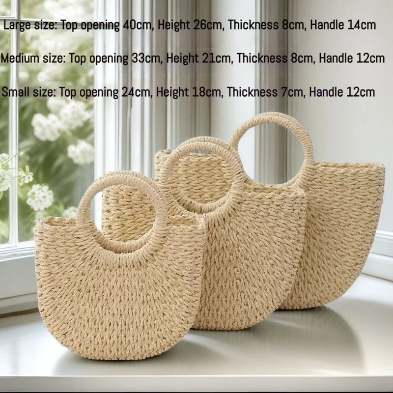 Hand Woven Straw Semicircle Tote Bag Large Capacity Handheld Crossbody 2-in-1 Beach Vacation Fashion Bag for Women