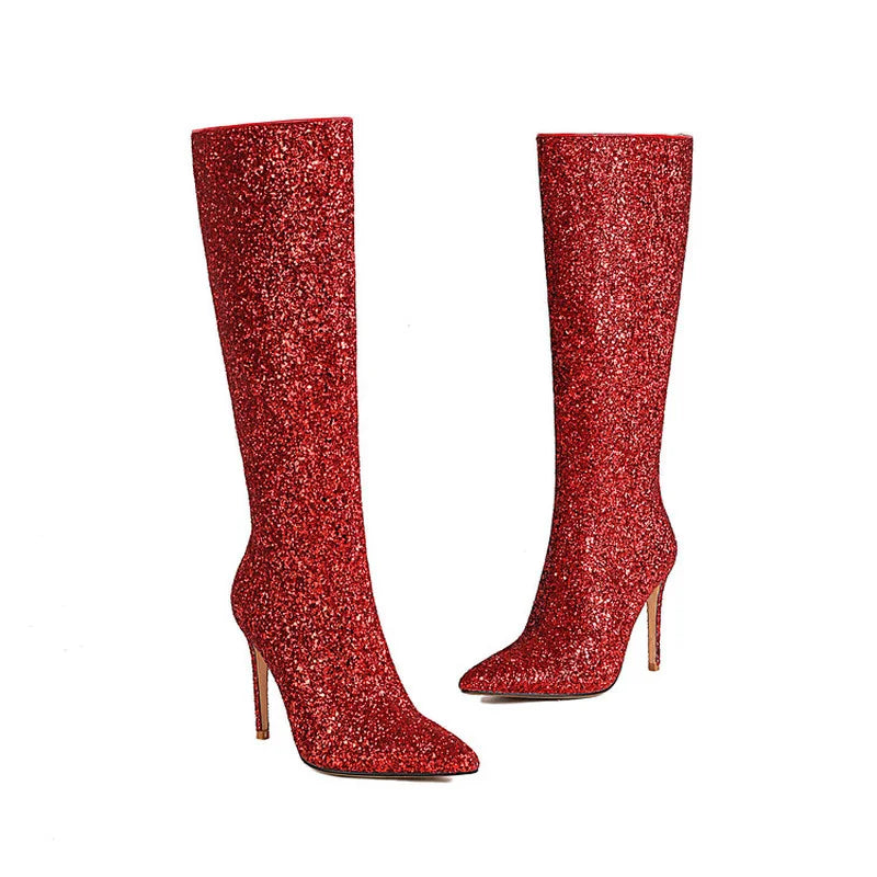 Ochanmeb Sexy Stiletto Heels Silver Red Glitter Boots Women Thin High Heeled Bling Bling Gold Sequined Knee-high Long Boot Party