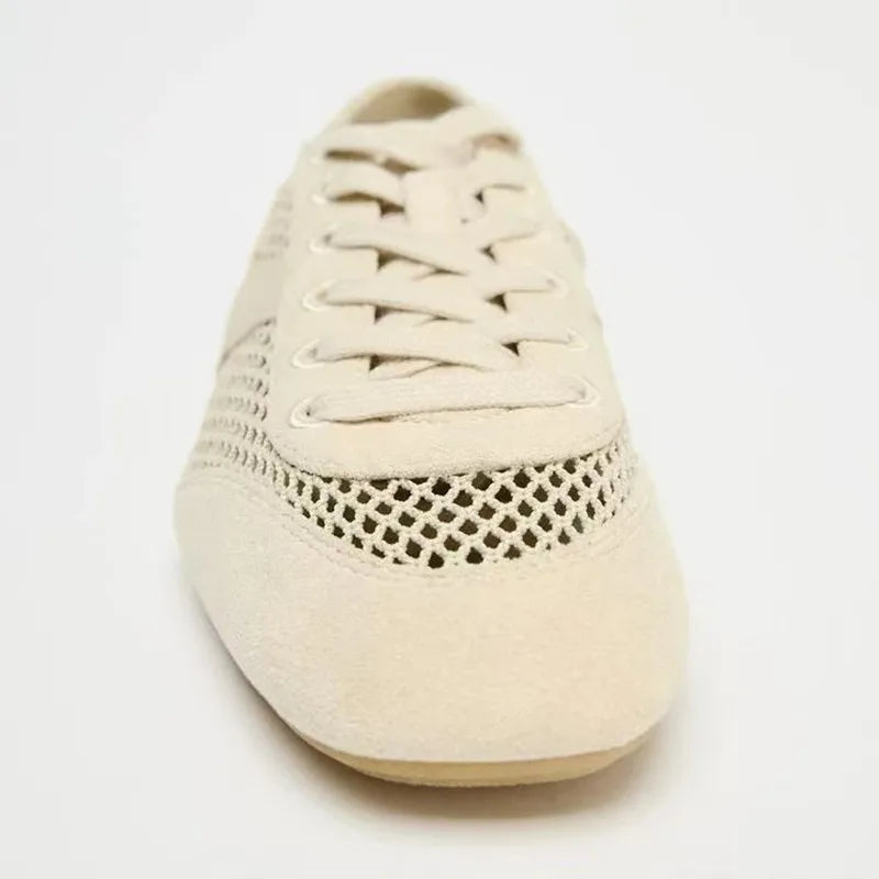 Mesh Breathable Lacing Flat Sneakers Women Lightweight Hollow Derby Sports Shoes Summer Autumn Running Shoes Cozy Ballet Flats
