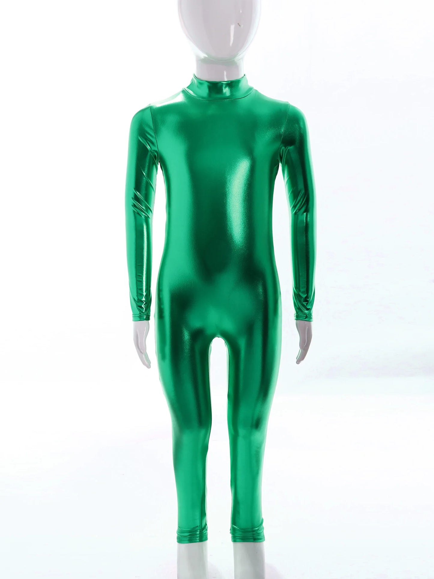 Kids Boys Girls Dance Metallic Jumpsuit Children's Gymnastics Bodysuit Performance Costume Long Sleeve Full Length Leotard