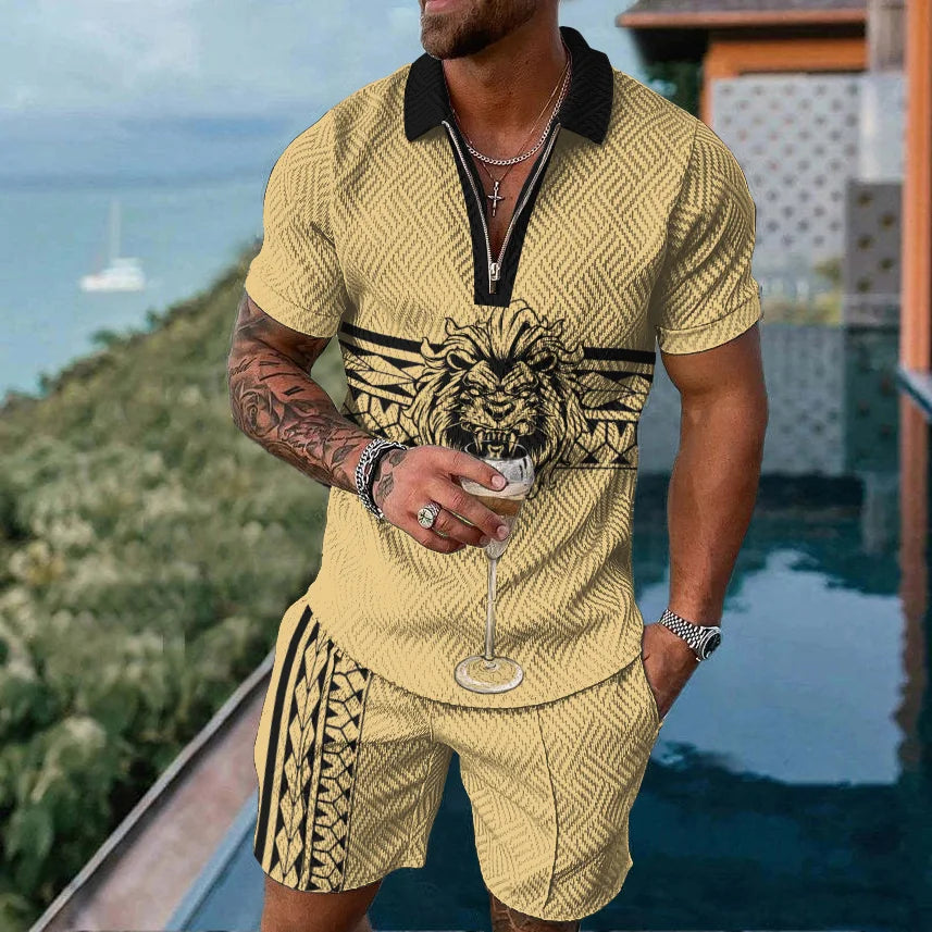 Men Tracksuit Summer New 3D Printed Beach Zipper Polo Shirts Shorts 2 Pcs Sets Boho Geometric Style Holiday Clothing Ropa Hombre