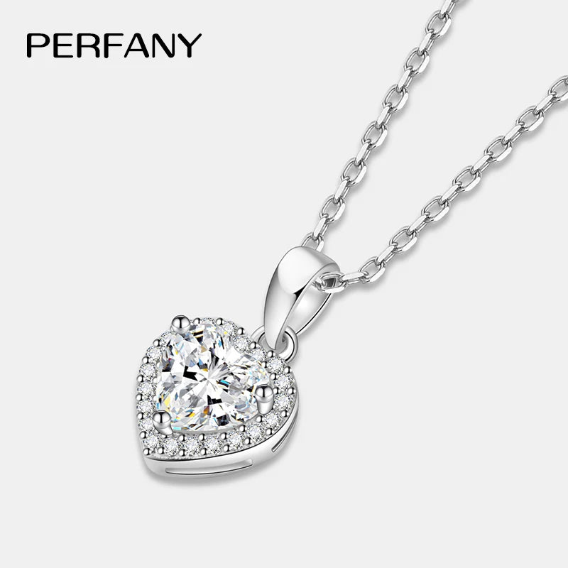PERFANY 1CT Heart Cut Moissanite Necklace for Women S925 Pure Silver Sparkling Diamond Pendant Fashion Jewelry Party Gift