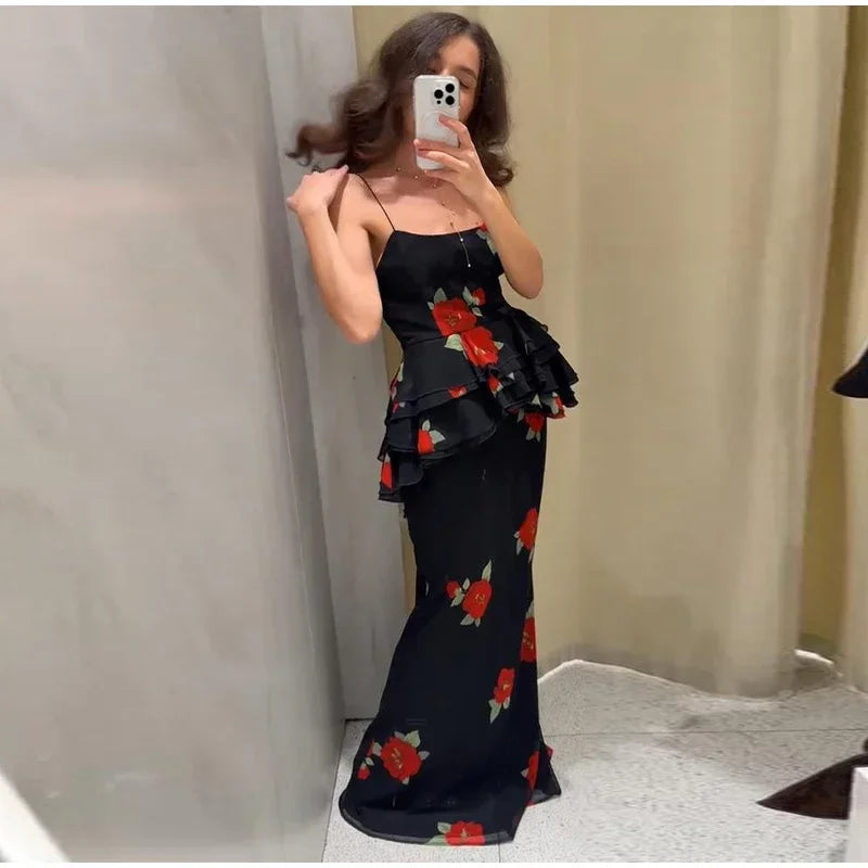Sexy Flower Print Top Long Skirt Set Women Slim Ruffle Strap U-neck Top Loose High Waist Skirts  Fashion Summer Party Suit