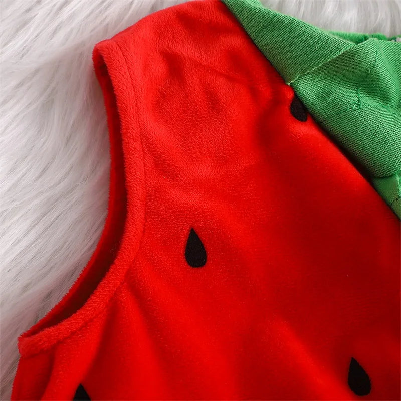 Infant Unisex Baby Halloween Costume Fruits Bodysuit Sleeveless Leaf Trim Strawberry Shape Romper with Hat