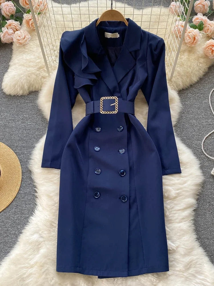 Women Elegant Office Dress Spring Autumn Long Sleeve Fashion Slim with Belt Midi Dresses Vintage Ladies Blazer Dress Vestidos
