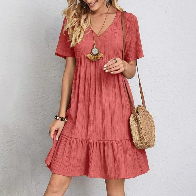 Solid Color Casual Summer Dresses for Women 2026 Elegant V Neck Short Sleeve Beach Dresses Woman Comfortable Loose A-line Dress