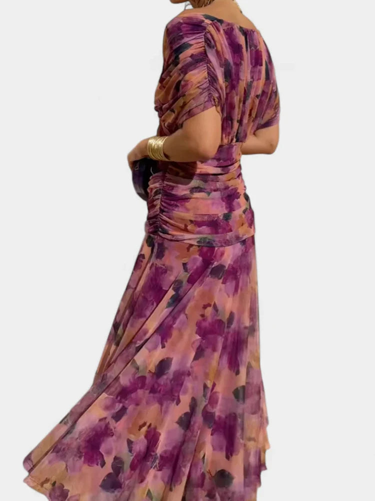 Summer Women Short Sleeve V Neck Sexy Dress, Holiday Female Elegant Fashion Party Dress, 2025 Patchwork Casual Ladies Maxi Dress