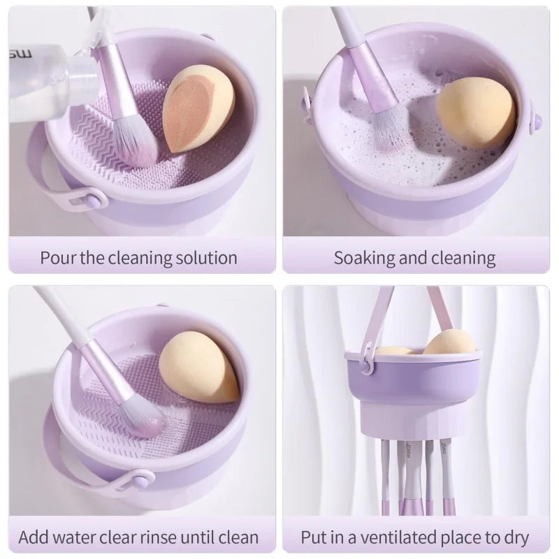 Makeup Brush Cleaner Mat 3 in 1 Silicone Washing Bowl with Brushes Scrubber Foldable Powder Puff Cosmetic Sponge Drying Tools