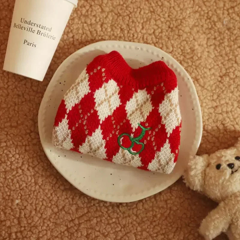 Winter Dog Knit Sweater Soft Dog Clothes Cute Plaid Puppy Sweater Cherry Print Cat Pullovers Pet Warm Turtleneck Poodle Apparel
