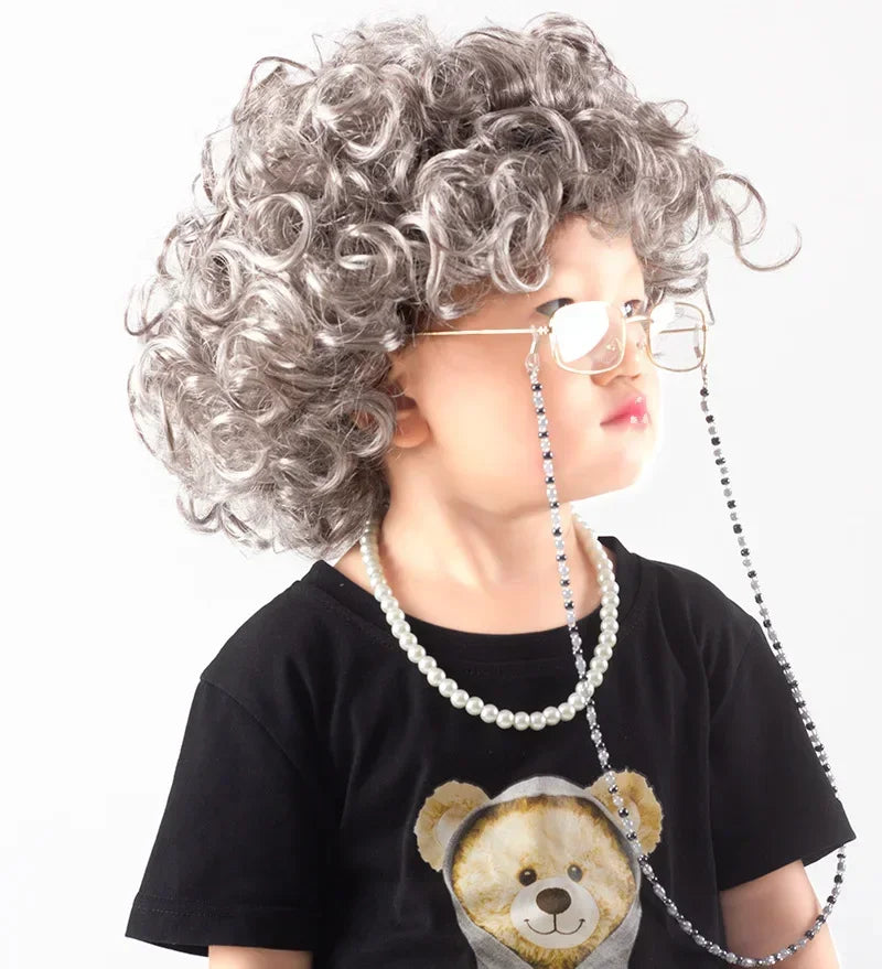 Halloween  Great grandma cosplay older performance costume Kid Halloween wig necklace eyeglass