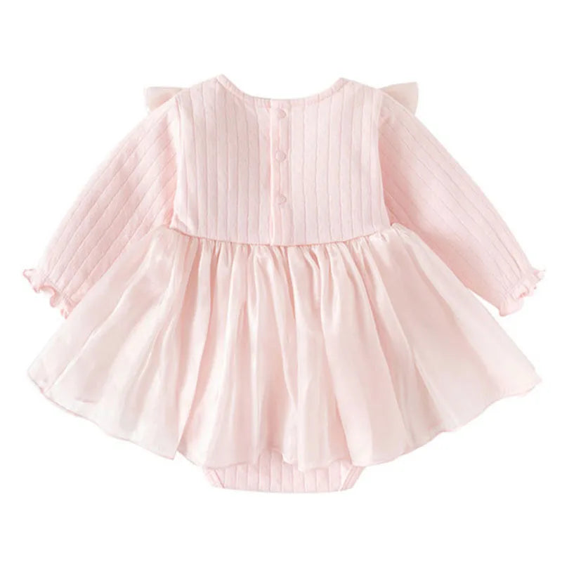 Spring Autumn Newborn Girls Clothes Korean Cute Bow Mesh Cotton Long Sleeve Princess Bodysuits+Hat Baby Boutique Clothing B038