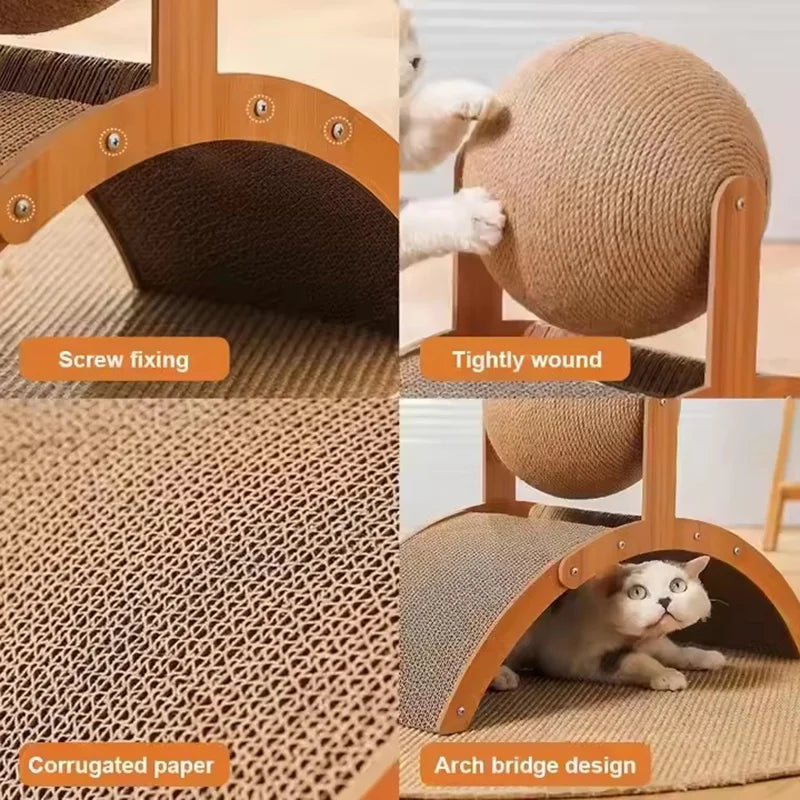 2 In 1 Cat Scratching Ball Wooden Cat Scratcher Sisal Scratch Board Wear-Resistant Grinding Paw Toy Solid Wood Scraper for Cats