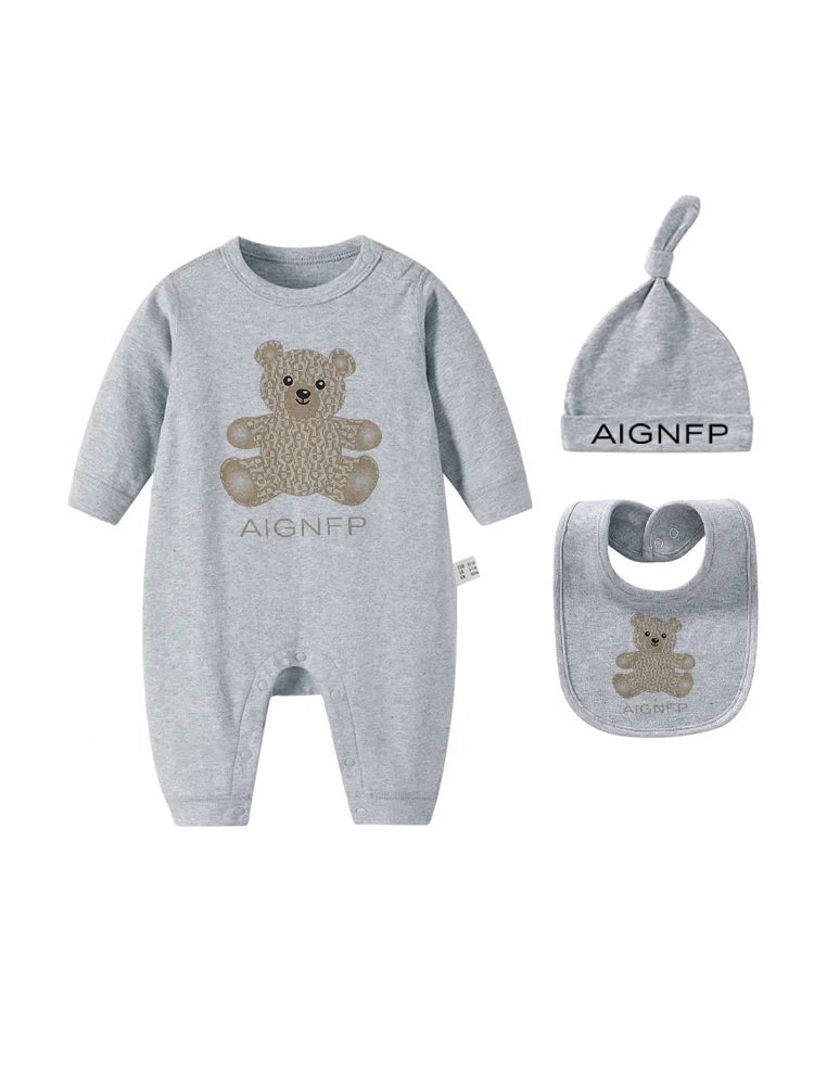 Cute Bear Jumpsuit Newborns Autumn Clothes 2025 Hot Sale New Soft Bib scarf Hat Toddler Romper Sets Baby Long sleeves Bodysuits