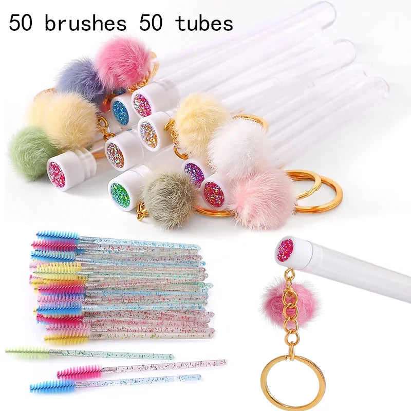 50/5pcs Gold Keychain Tube Eyelash Brush Crystal Lash Mascara Wands Eyebrow Comb Spoolies Container Lashes Brushes Makeup Tools