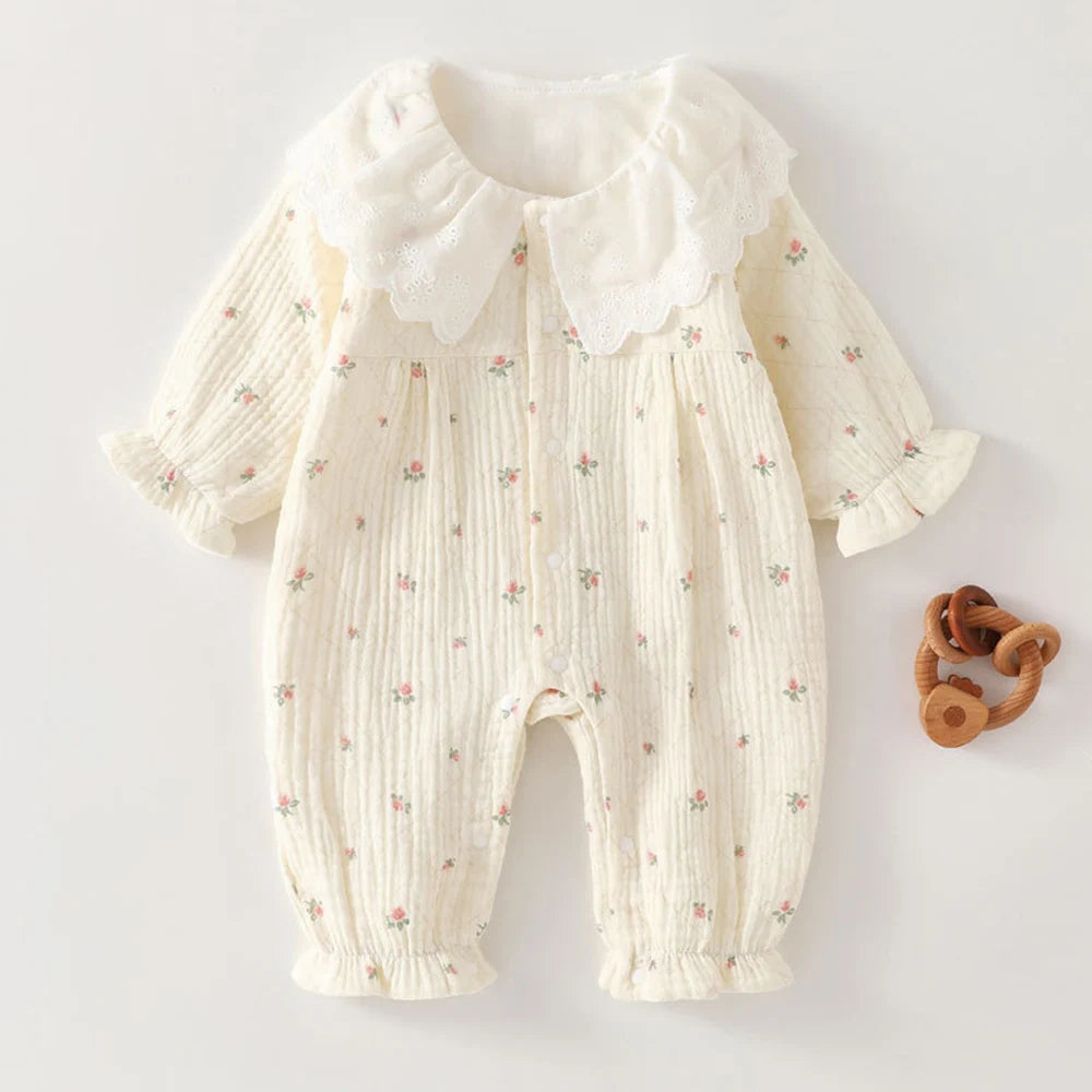 Gauze Baby Rompers Girls Floral Dot Print Peter Pan Collar Newborn Clothing Spring Autumn Infant Girl Long Sleeve Jumpsuit
