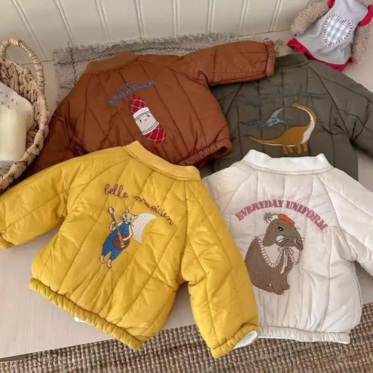 2025 Winter New Baby Fleece Warm Coat Cartoon Embroidery Boys Girls Cotton Padded Jacket Plus Velvet Thick Kids Quilted Jacket