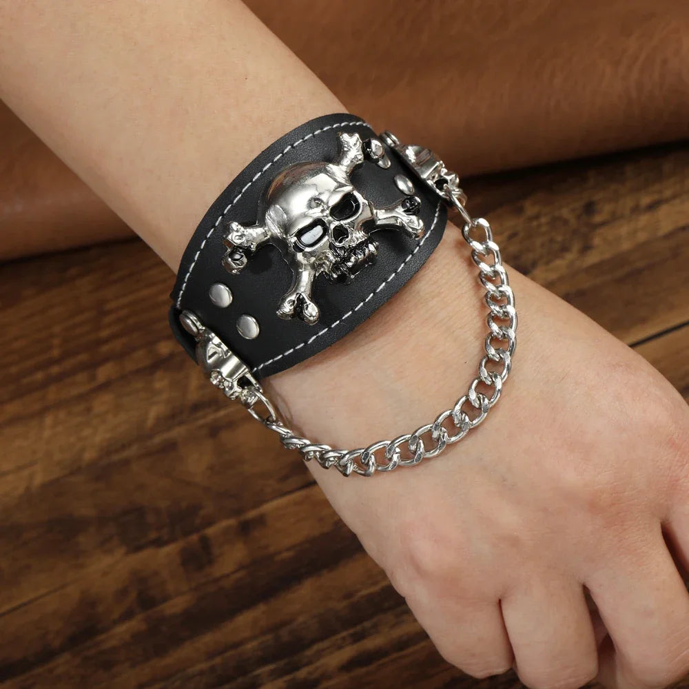 2025  Jewelry Handmade Weave Genuine Leather Skull Bracelet Men Vintage Cuff Wide Leather Rivet Bracelet Pulsera Hombre