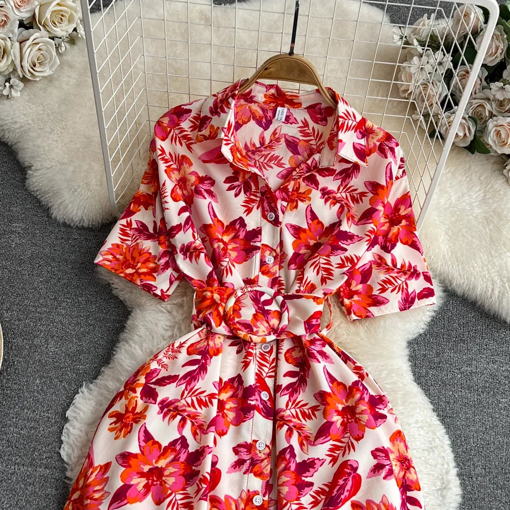 2024 New Summer Women Dress Fashion Print Floral A-line Shirt Dress with Belt Elegant Vintage Off Lady Dress Casual Vestidos
