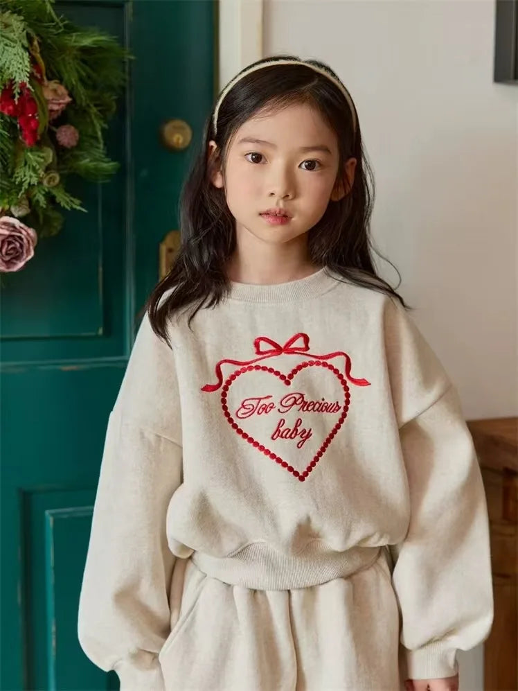 2025 Spring New Children Long Sleeve Clothes Set Baby Girls Heart Embroidery Sweatshirt + Pants 2pcs Suit Kids Sports Outfits